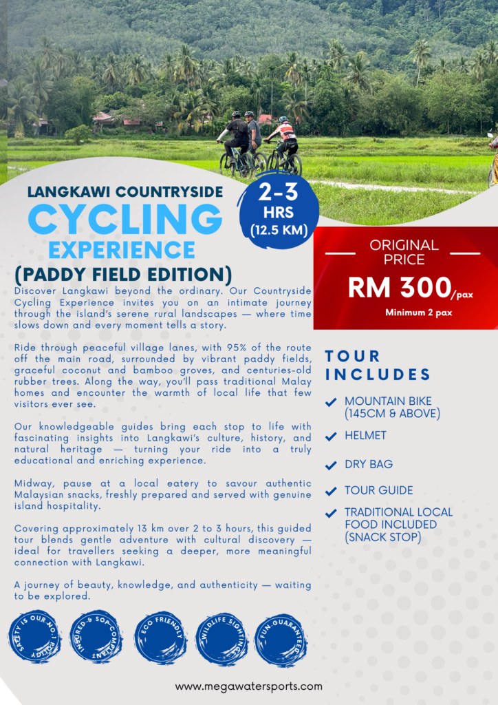Tour Details ⏰ Maklumat Lawatan Duration: 2–3 hours Tempoh: 2–3 jam Distance: Approximately 13 km Jarak: Lebih kurang 13 km Difficulty: Easy to moderate (suitable for beginners) Tahap Kesukaran: Mudah ke sederhana (sesuai untuk pemula) Route: 95% off main roads Laluan: 95% di luar jalan utama Start time: Morning and afternoon departures available Waktu mula: Pilihan waktu pagi dan petang disediakan ✅ What’s Included ✅ Termasuk Dalam Pakej Mountain bike Basikal gunung Helmet Topi keselamatan Dry bag Beg kalis air Knowledgeable local guide Pemandu pelancong tempatan berpengalaman